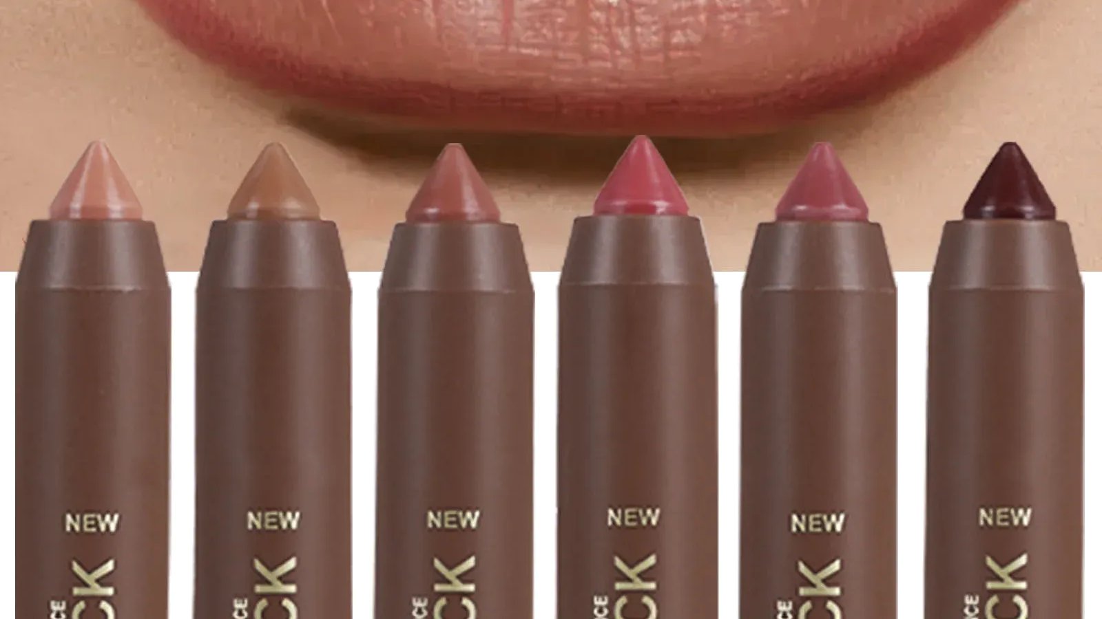 Deep brown-nude matte lip crayons and swatches in caramel, cocoa and mahogany tones on a warm neutral background